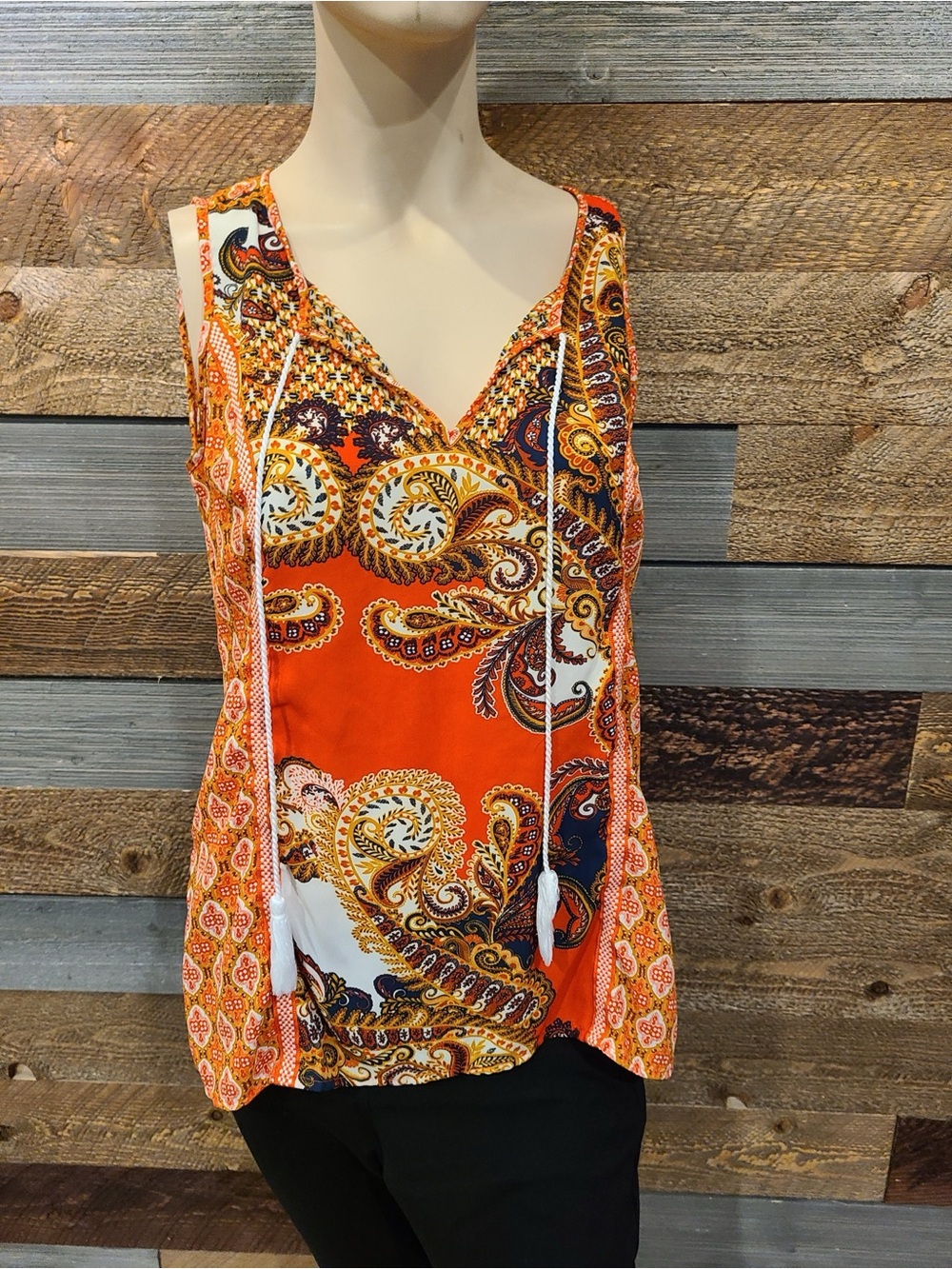 Paisley V-Neck Tassel Camisole in Orange